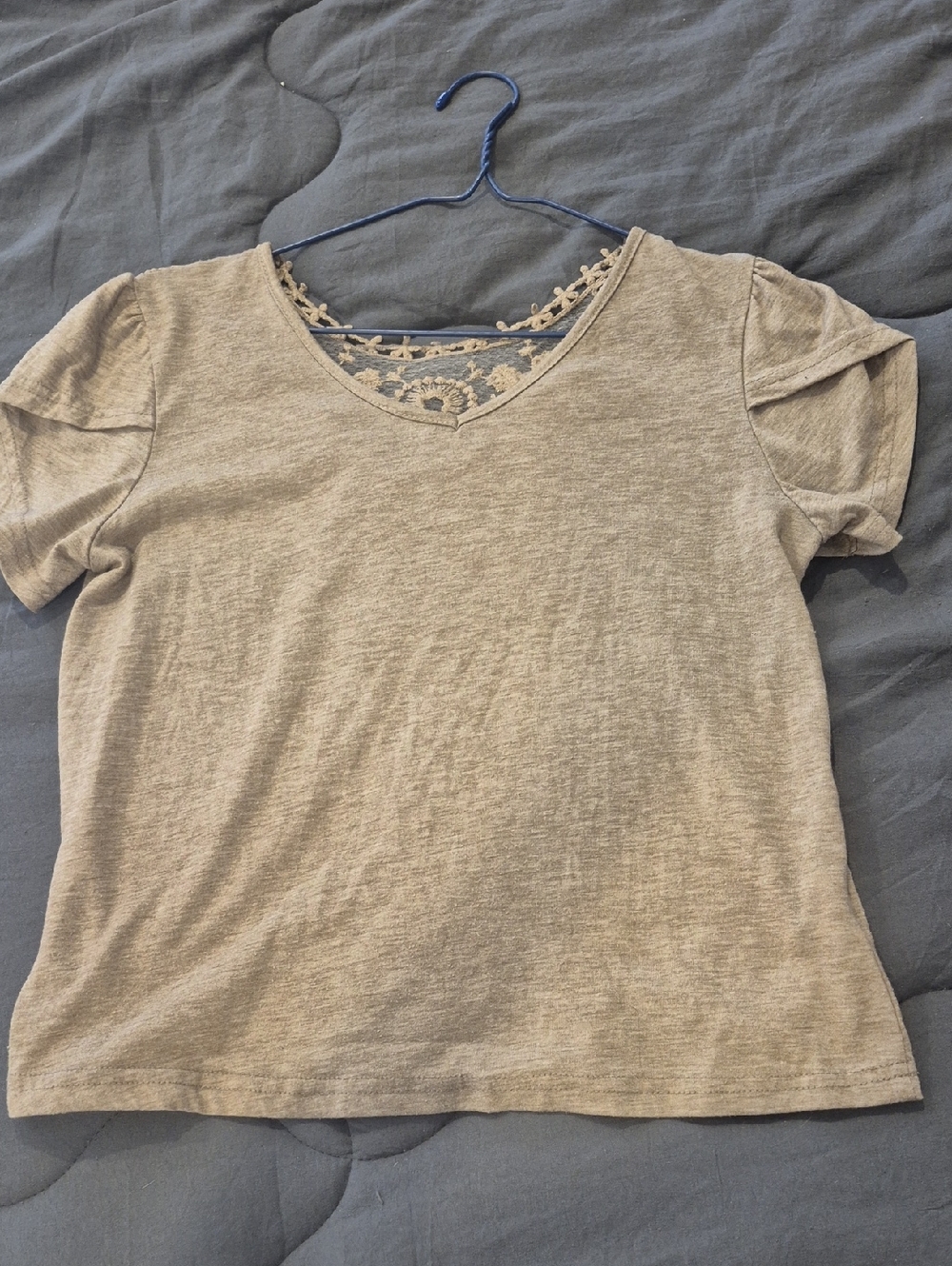 Lace-Trim V-Neck Short Sleeve Top - Beige